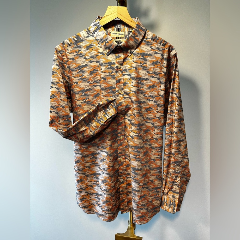 Shirt with orange grey and black modern camo.